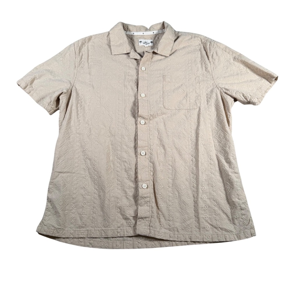Free Planet Button Down Shirt Mens Large Tan Embroidered Cotton READ